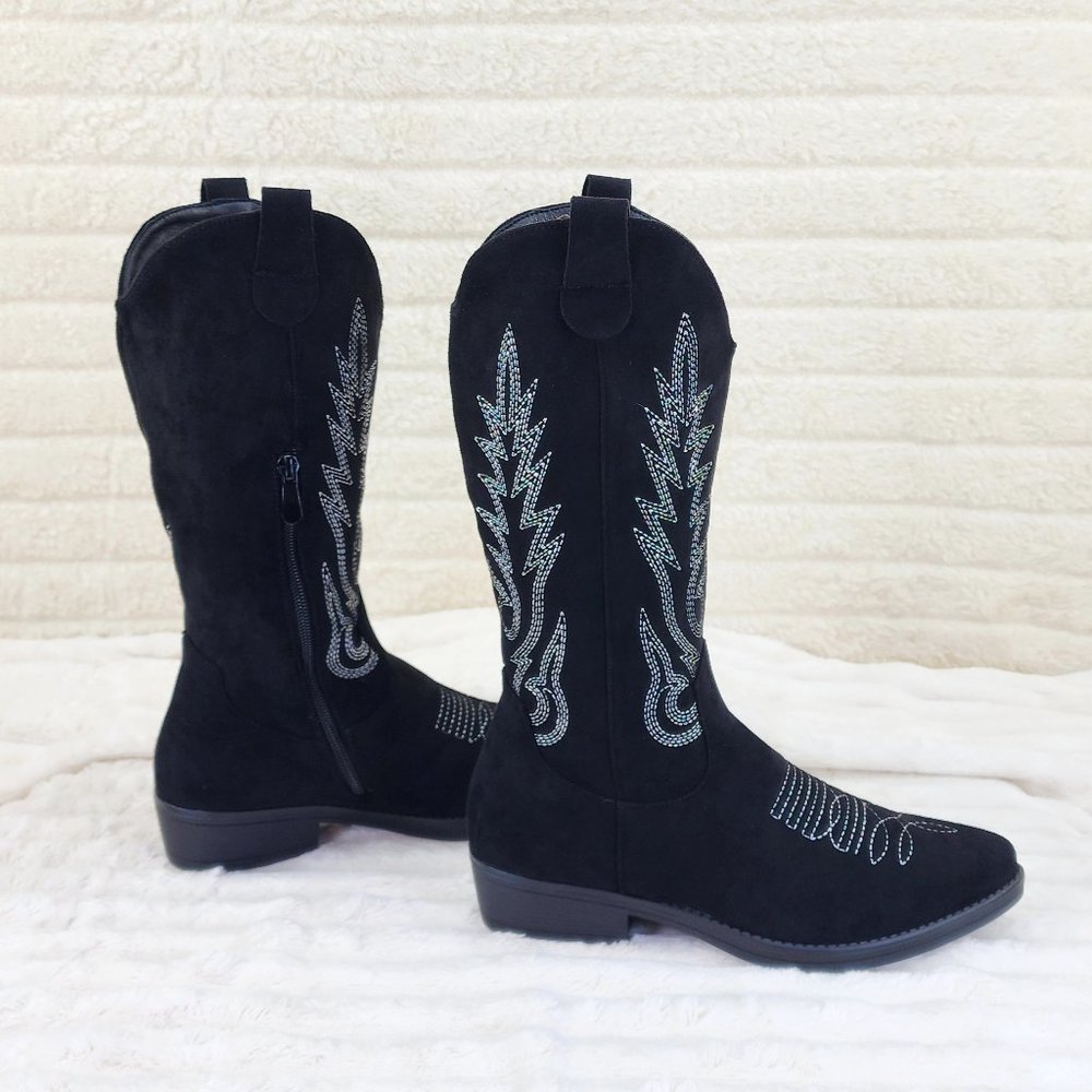 Western Mid-calf Cowboy Cowgirl Boots Black Low 1.5" Heels White Stitch